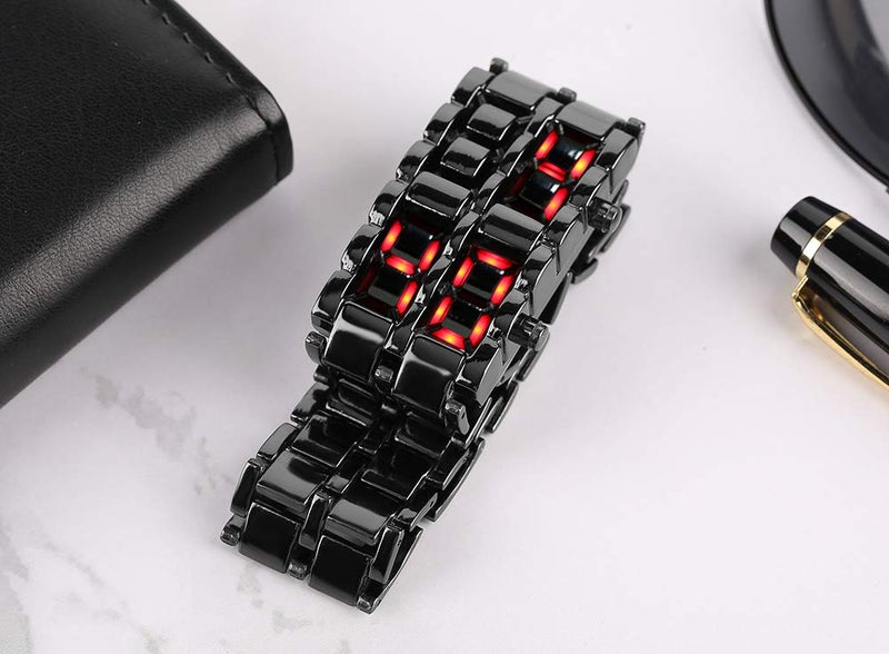 FANMIS Fashion Men's Simple Sports Watch Electronic Binary Digital LED Lava Alloy Rectangular Chain Watch (Men Black Red) - Image 5